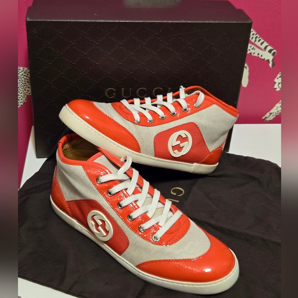 EUC Gucci Sylvie Web Accent Patent Leather High Top Sneakers IT 38.5 US 8.5 - Picture 13 of 14